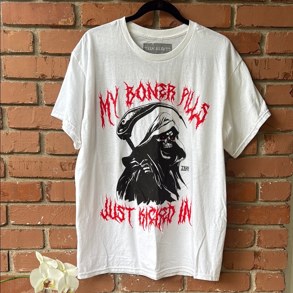 White Graphic T-Shirt with Red and Black Design